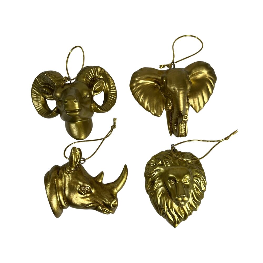 GOLD Safari Animal Head Christmas Ornaments Set 4 Lion Elephant Rhino Ram 3in